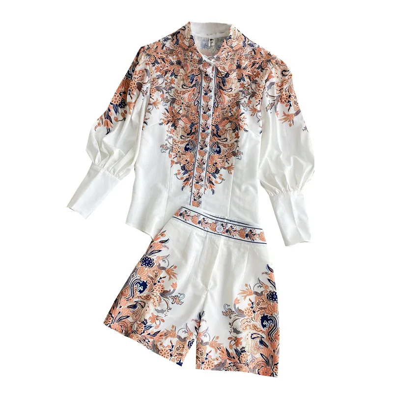 

Boho Chic Women 2pcs Set Elegant Stand Collar Single Breasted Lantern Long Sleeve Floral Blouse + Shorts Fashion Two Piece Sets