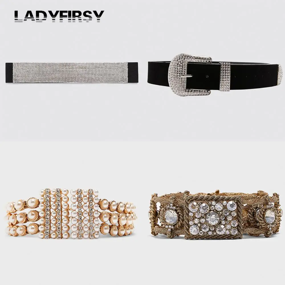 Ladyfirsy Винтаж цветок ZA ремни Женская мода имитация жемчуга платье кристалл Ceinture цепи подарок на день рождения джинсы кожаный ремень