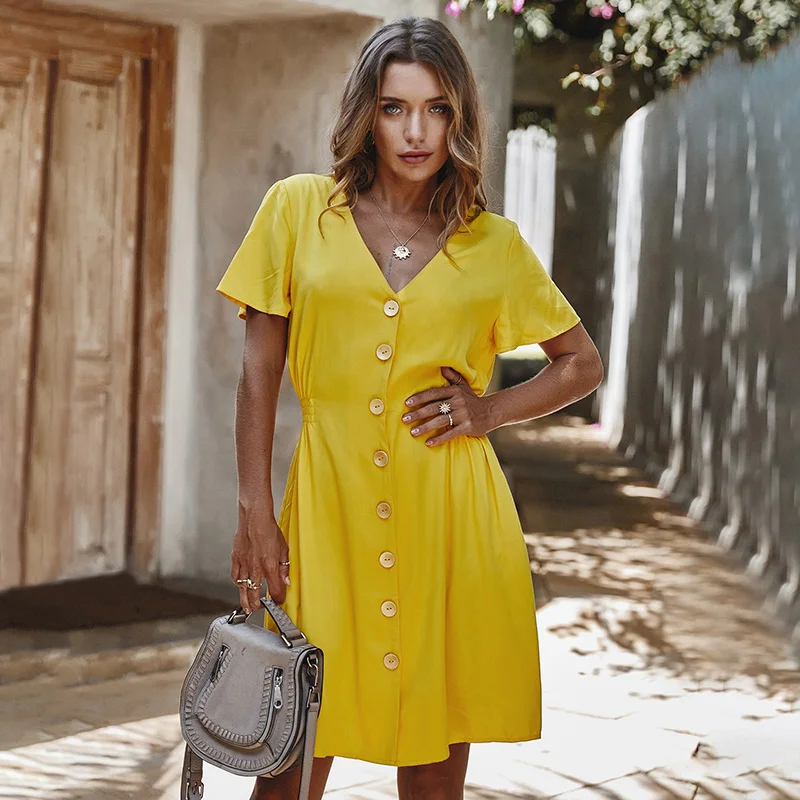Женское мини платье с V образным вырезом и коротким рукавом|Женские платья| |