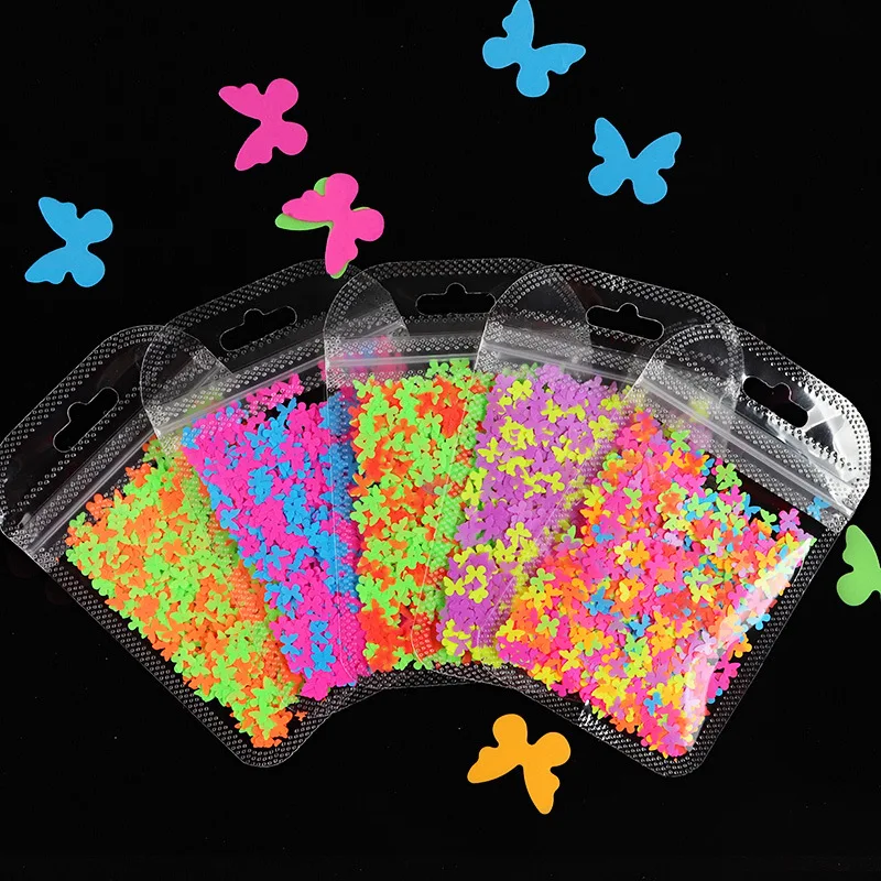 Fluorescence Butterfly Shape Nail Art Glitter Flakes 3D Neon Sequins Polish Manicure Nail Decoration 1Bag Colourful Nail Sequins
