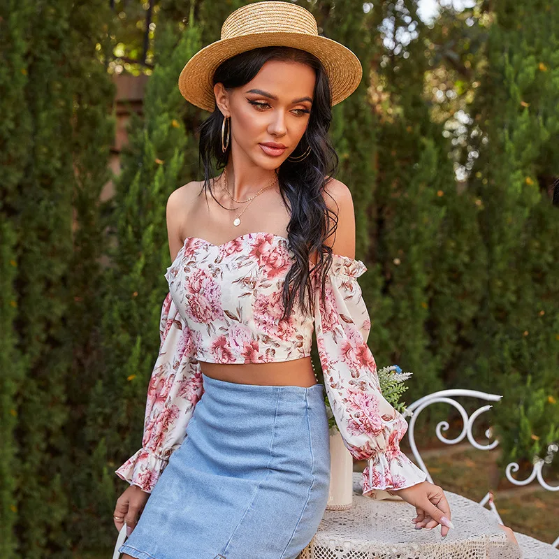 

Vintage Crop Top Women Floral Print Blouses Off Shoulder Top 2021 Spring Summer Clothes for Women Long Sleeve Blouses Shirt