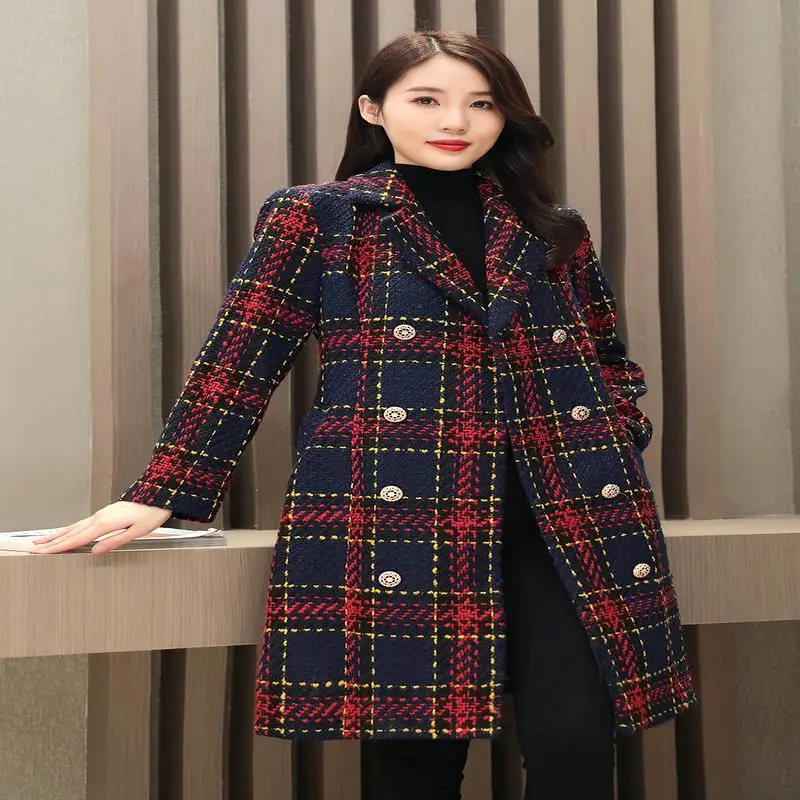

overcoat women's Woolen middle long British style new women's dress in 2021 autumn and winter temperament Red Plaid woollen coat