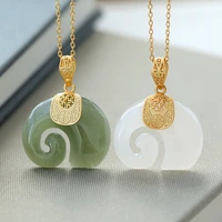 2021 vintage white hetian jade elephant pendant 18k gold plated chain necklace stainless steel sapphire choker jewelry for women