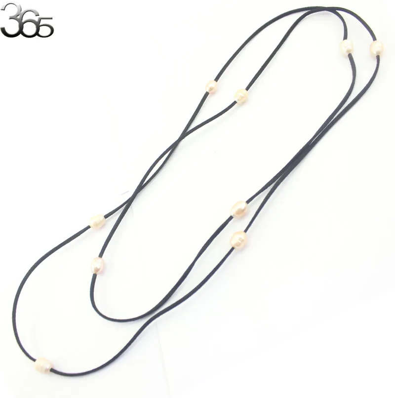 Бусины из натурального жемчуга колье черной кожи с крупным рисовым пресноводным