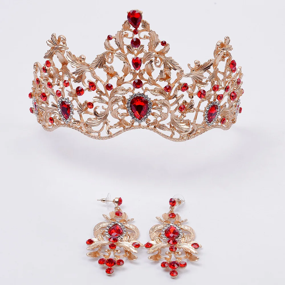 

Bridal Jewelry Vintage Noble Asian Gold Multi-rhinestone Baroque Large Crown Tiara Earrings Two-piece Set