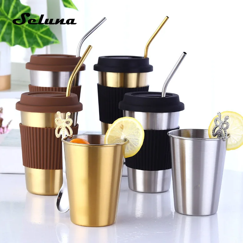 450 мл Кофе кружки с соломинками стаканы Нержавеющая сталь чашки кружка крышкой