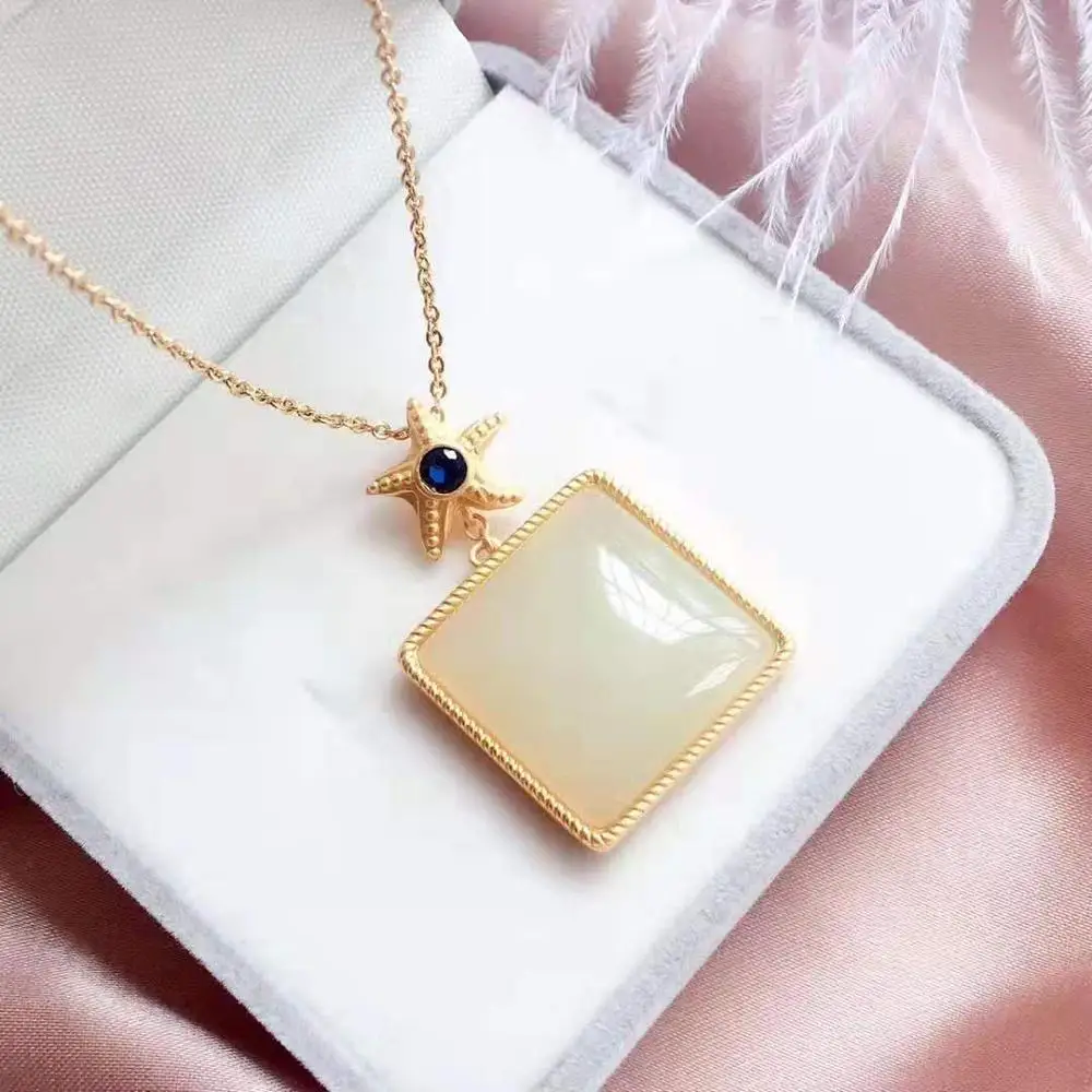 Кулон из натурального квадратного белого нефрита ожерелье чистого серебра S925