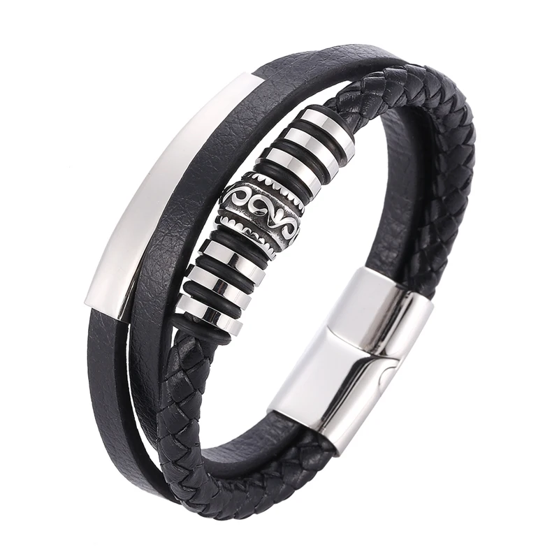 

New Stainless Steel Black Multilayer Leather Bracelet for Men Magnetic Clasp Punk Vintage Male Braided Wristband Jewelry PD1086