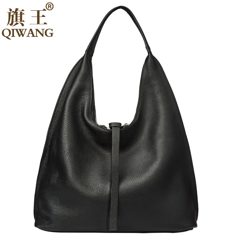 Qiwang Хобо Сумка тоут черная женская сумка из натуральной кожи через плечо с