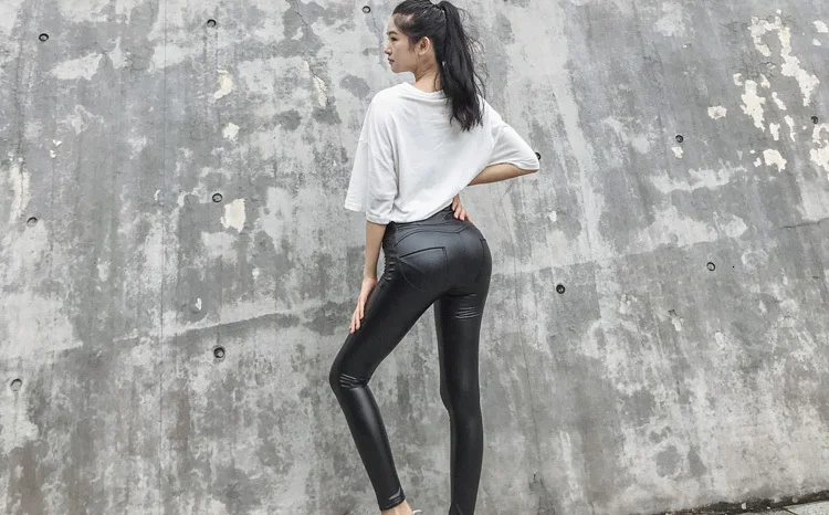 LIBERJOG Women Stretch Skinny Lift Hip PU Leather Pants Black Pencil Pants High Waist Plus Size Female Honey Peach Pants