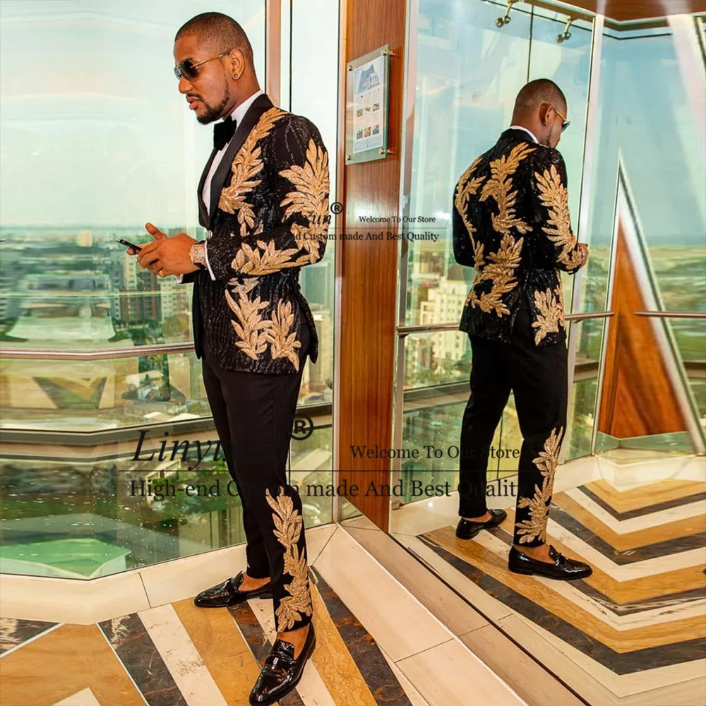 Мужские черные костюмы с вышивкой из бисера дизайнерские блейзеры лацканами
