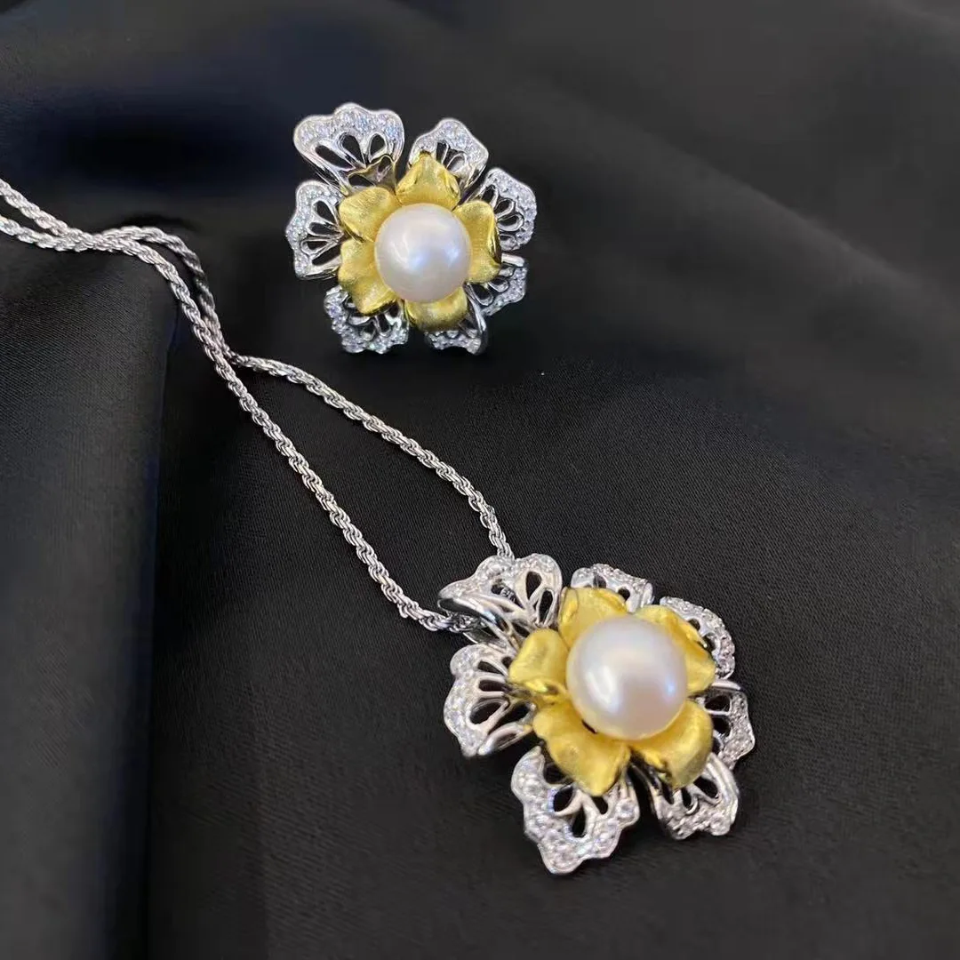 

Elegant Italy High Class Handcraft Pearl Pendants Necklace Gold Silver Two Color Rings Flowers Bride Jewelry Sets For Women
