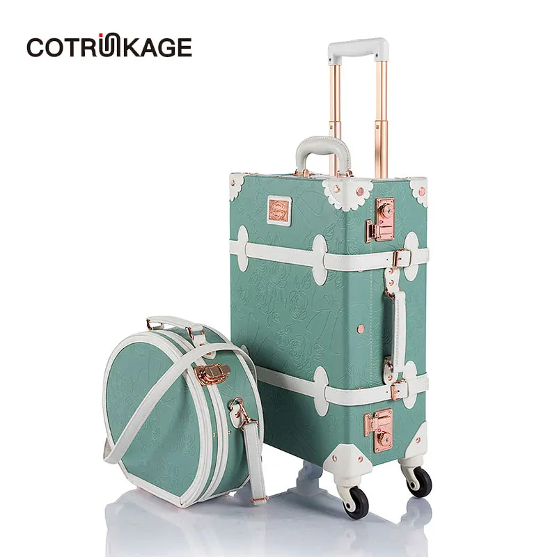 COTRUNKAGE 2" винтажный комплект дорожных чемоданов TSA замок для переноски чемодана для женщин с чепчиком коробка-Тисненая мята