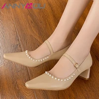 annymoli real leather mary janes shoes women high heels buckle chunky heel pumps pearl square toe female footwear beige size 43