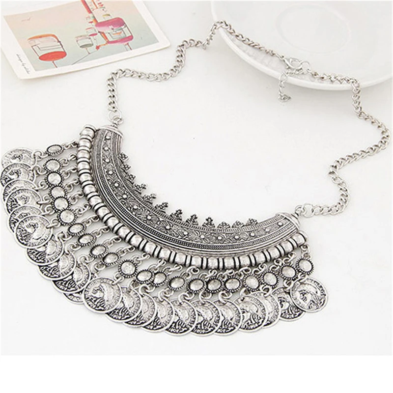 Bohemian Gypsy Coin Pendant Tribal Charms Statement Tassel Necklace Ethnic Carved Coins Nice Chokers Necklaces Indian for Women | Украшения