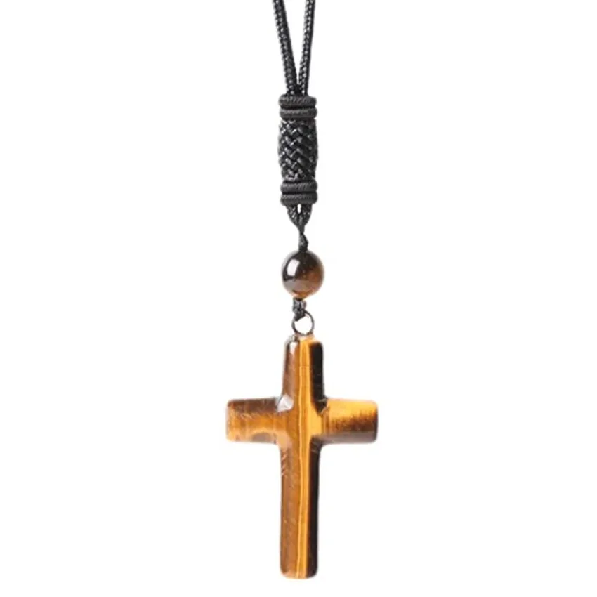 Fyjs Unieke Klassieke Stijl Natuurlijke Tiger Eye Stone Cross Hanger Handgemaakte Weave Touw Ketting Ketting Rose Roze Quartz Sieraden Fyjs Unieke Klassieke Stijl Natuurlijke Tiger Eye Stone Cross Hanger Handgemaakte Weave Touw Ketting Ketting Rose Roze Quartz Sieraden
