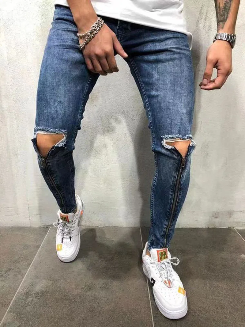 

Men's jeans, new holes, new long zipper, men's feet pants, pencil pants, nine-point pants, casual pants