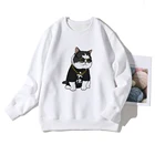 Осенняя прохладная женская толстовка в японском стиле с разноцветными буквами, простой пуловер с изображением черного большого толстого кота