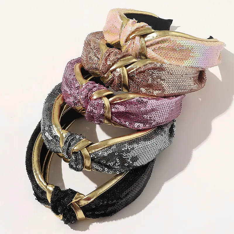 

Женская повязка на голову с золотыми краями и блестками, широкий ободок с узлом, ободок для волос, аксессуар для волос