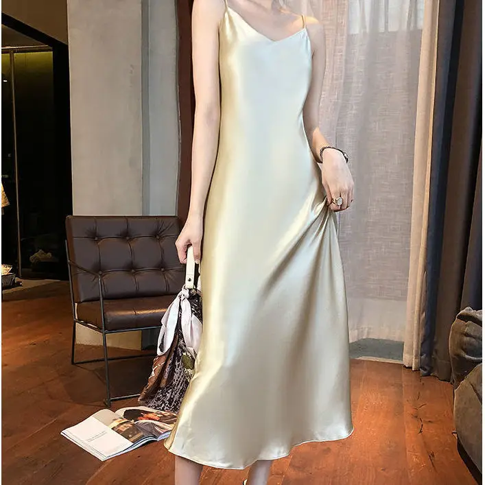

Woman Sexy A-line Skirt Long Dress Sexy Women's 2021 Spring and Summer New Korean Version of Sling Satin High Waist Line V-neck