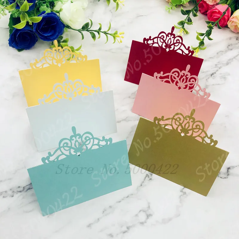 

50pcs Pearlescent Lace Name Crown Place Cards Wedding Decoration Table Decor Name Message Greeting Card Event Party Supplies