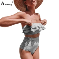 high waist women bikini sets off shoulder ruffle top swimsuit model stripes two pieces swimwear 2021 femme biquini bathing suits