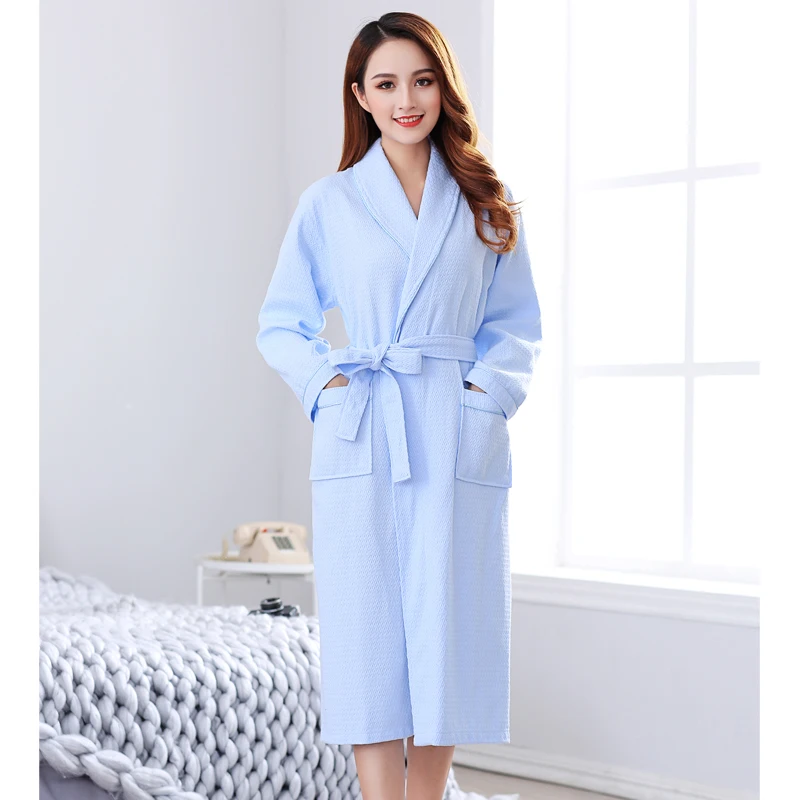 Женский летний халат длинный банный пижамы кимоно однотонный вафельный с поясом