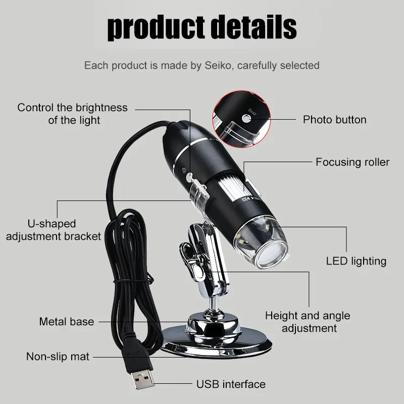 

1600X 1000X 500X Electronic Digital Microscope USB Handheld LED Magnification Endoscope W/ Stand For Industrial Beauty