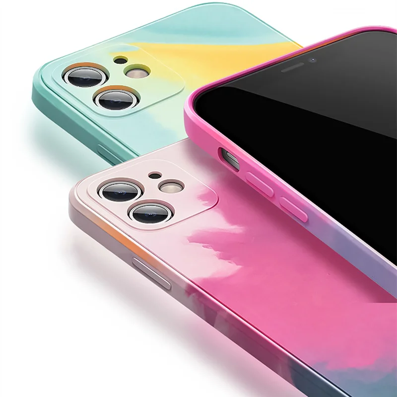 

Liquid Silicone Ultra-thin Cute Watercolor Phone Case For iPhone 12 11 Pro Max SE XSmax XR X 8 7 Plus Camera Protection Cover