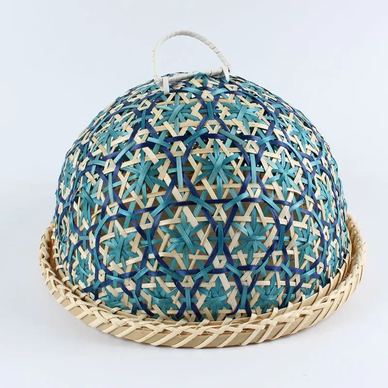 

Pure handmade bamboo fruit tray round collection basket home food cover environmental Blue bamboo braided vegetable cover