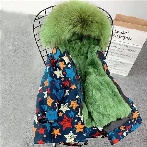 Star shell-green 1 Детская парка с большим меховым воротником Настоящий мех кролика, зимняя детская шубка для мальчиков и девочек, съемная подкладка, цветные детские меховые парки - Цвет: Star shell-green 1