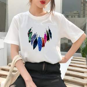 Womens T-shirt White T-shirt Ladies Harajuku Short Sleeved Flower Earrings Printed T-shirt Dreamcatcher Casual O-neck Top Shirt