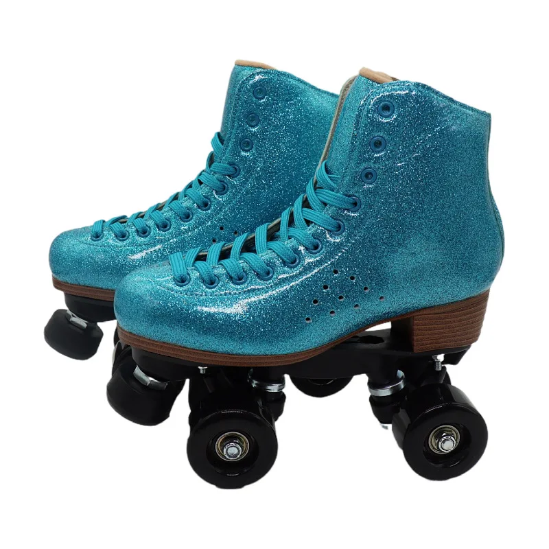 Unisex Quality Double Line Skates Quad Roller Skate Blue Microfiber Leather Patines Quality Skating Boots Sport Des patins