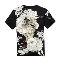 2020 new arrival hip hop knitted tshirt homme hot sale t shirt men goods embroidery with short carp tattoo o neck cotton casual