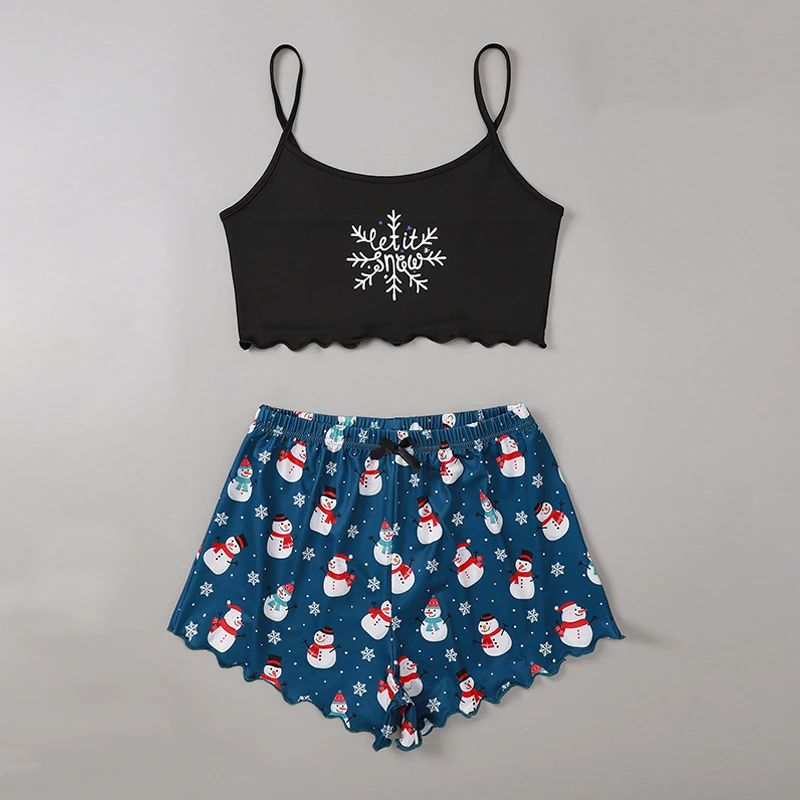

2020 Casual Christmas Cartoon Pritned Camis Crop Tops Shorts Pajama Set Women Christmas Party Pajamas Drop Shipping