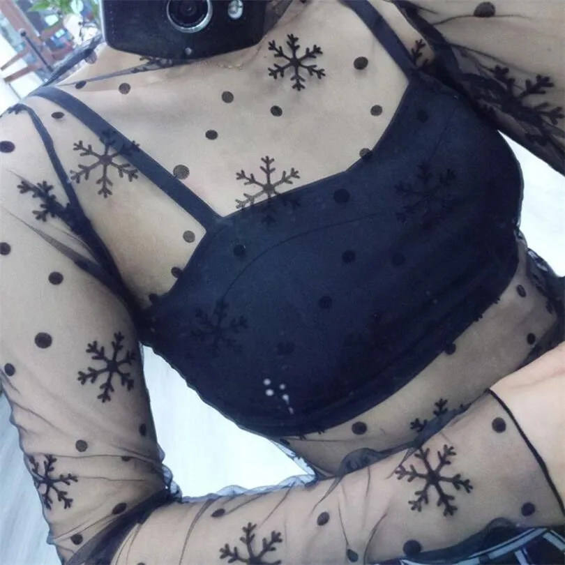 INDJXND модные тренды сетчатые Женские топы с длинными рукавами сексуальные