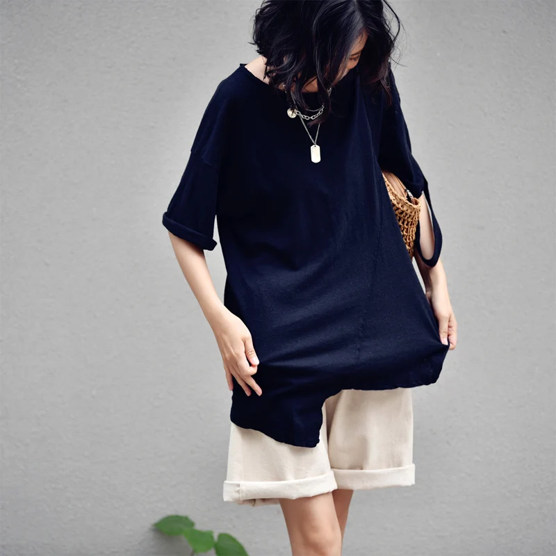 Футболка с круглым вырезом и короткими рукавами из хлопка льна MICOCO T1020C | Женская