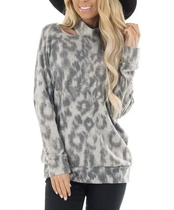 

2020 Autumn New Sexy Leopard Print half high collar bottom top slim and versatile long sleeve off shoulder top with T-shirt