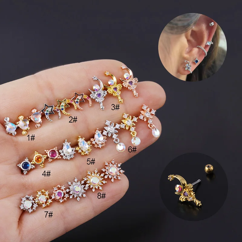 

316L Stainless Steel Rod Ear Bone Nail Color Zircon 20G Geometric Shape Metal Piercing Stud Earrings Ear Nail Body Jewelry