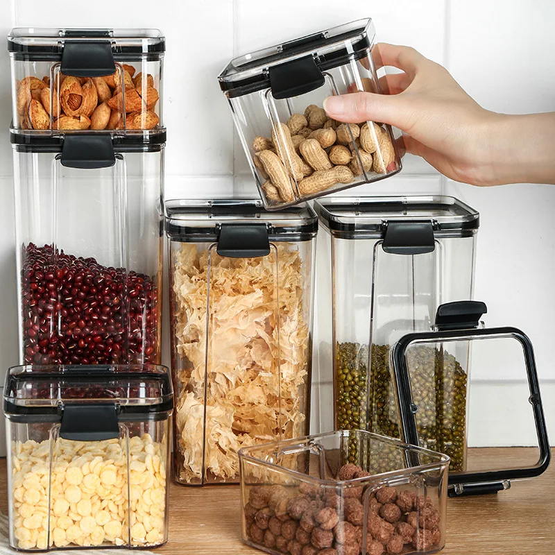 

Chinese Square Transparent Crisper Kitchen Organizer and Storage Container Whole Grains Snacks Dried Fruit Storage Tank