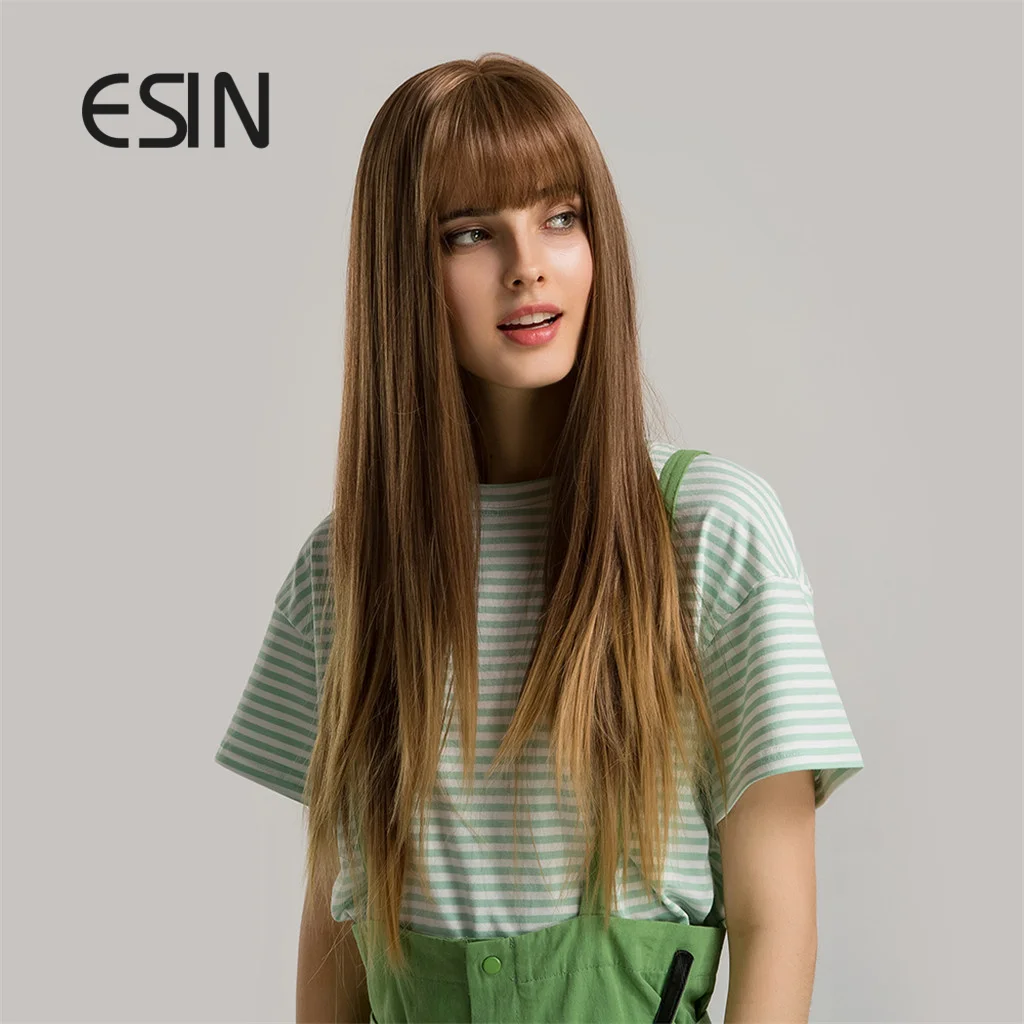 ESIN Blonde Brown Long Straight Wig with Air Bangs Daily Natural Synthetic Wigs for Women Heat Resistant Hair |