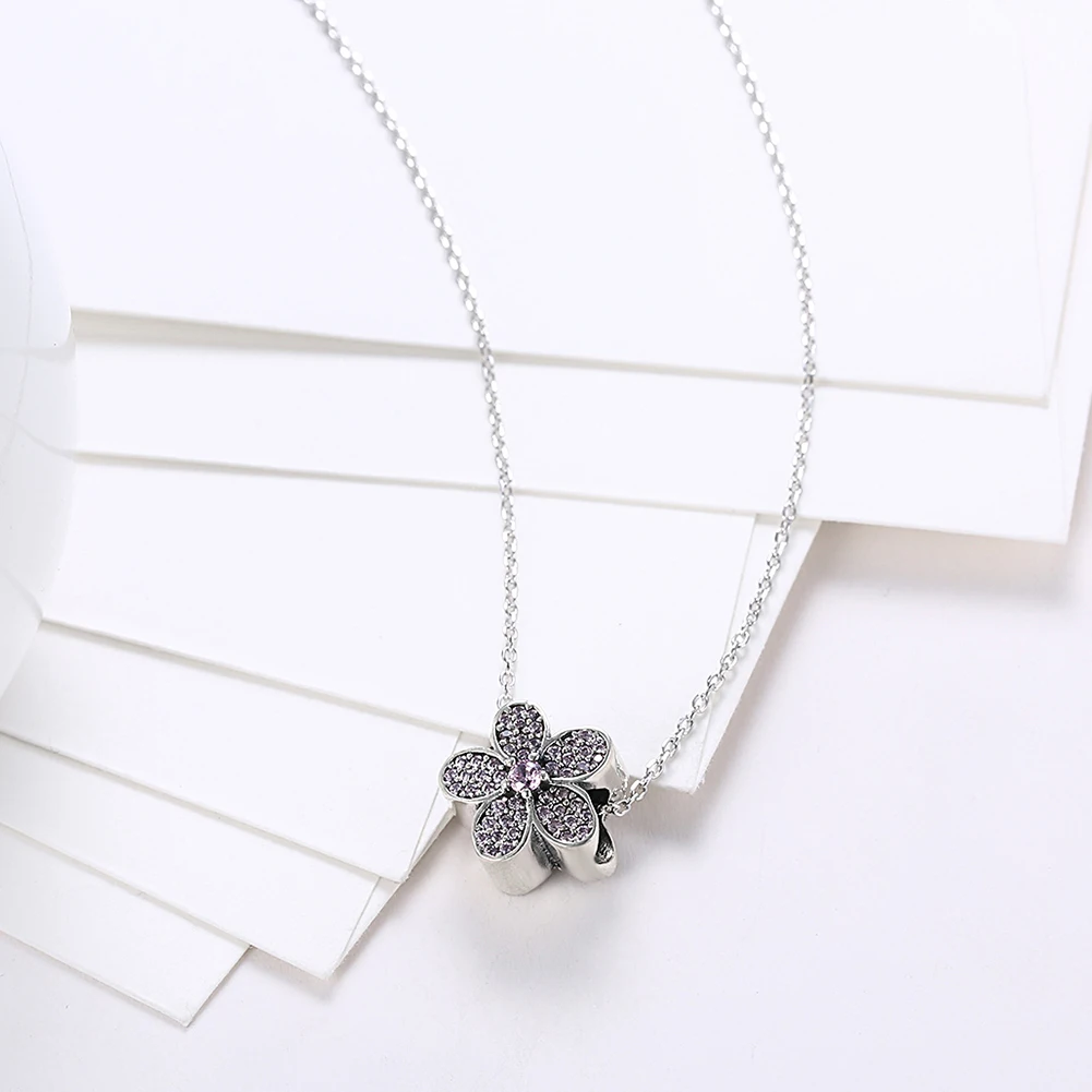 

LEKANI Necklace For Women S925 Sterling Silver Trendy Inlay Pink Zircon DIY Five Leaves Grass Silver Color Simple Fine Jewely