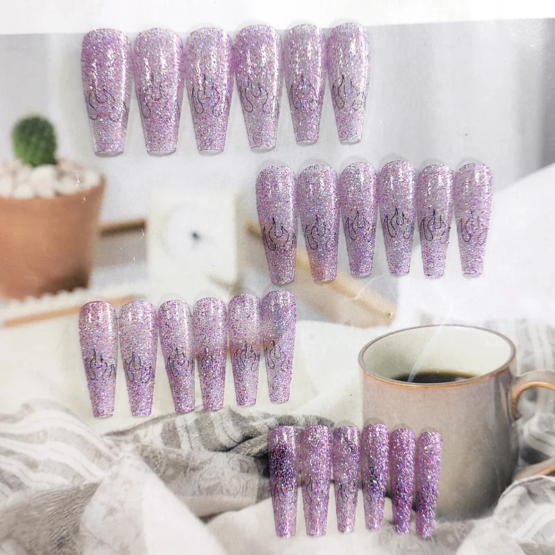 

Fake Nails Long Purple Black Flame Nail Stickers Finished Nail Stickers 24 Pieces With Glue DW