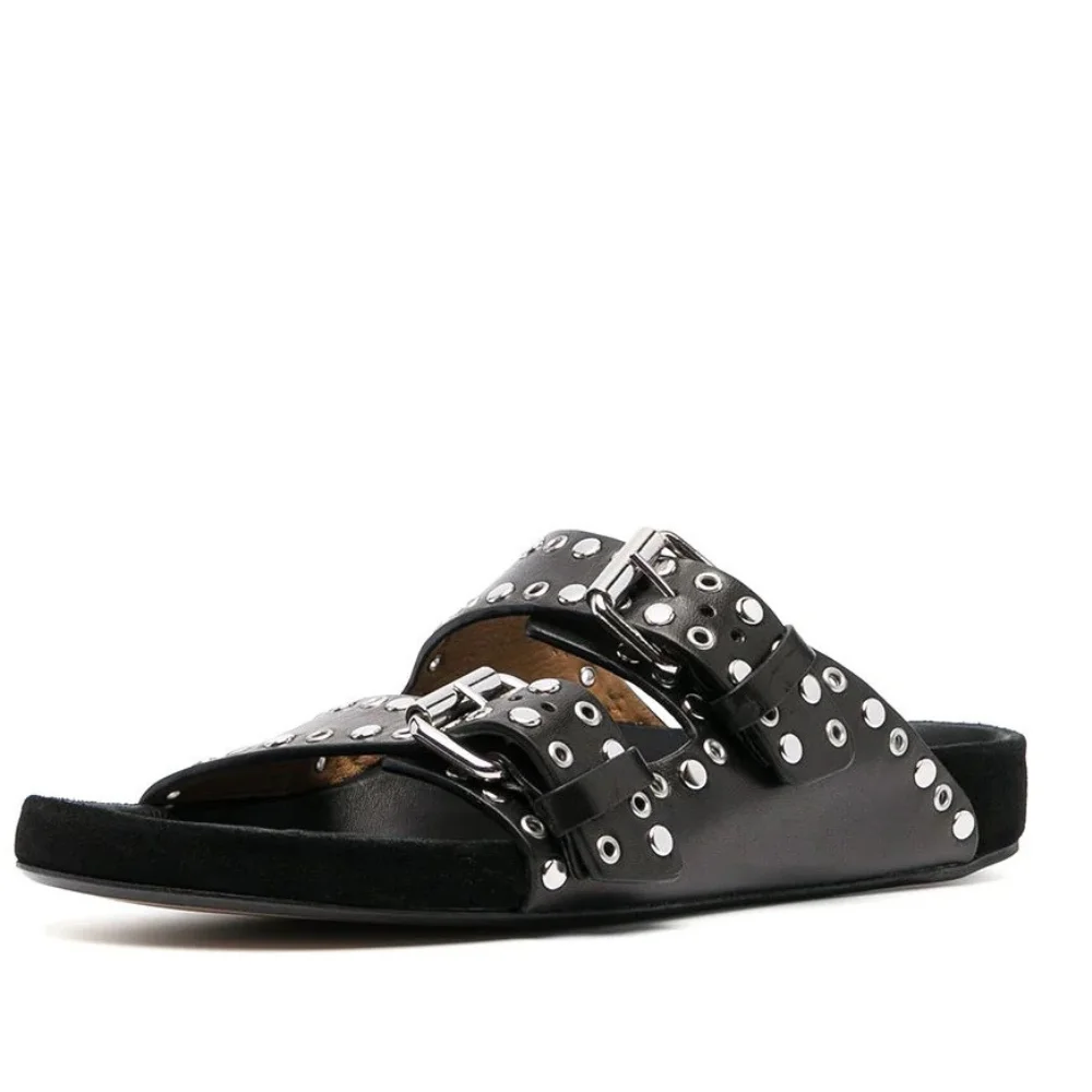 

Women Slippers Summer Genuine Leather Flat Flop 2021 New Rivets Hollow Out Sexy Slippers Beach Ladies Fish Mouth Large Size 43