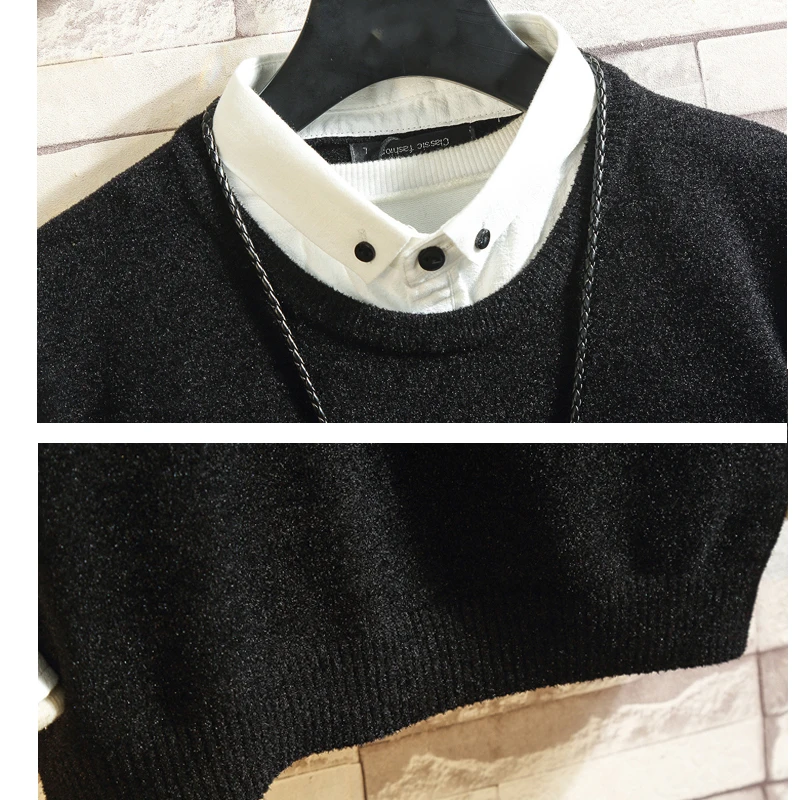 

Casual Style Oversize Knitted Sweater Fake Two-Piece Fashion Spring Autumn Solid Color Pullovers De Hombre Men's Clothing L-6XL