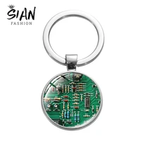 sian hot fashion computer green circuit board keychain handmade geometry glass cabochon pendant metal keyring men student gifts