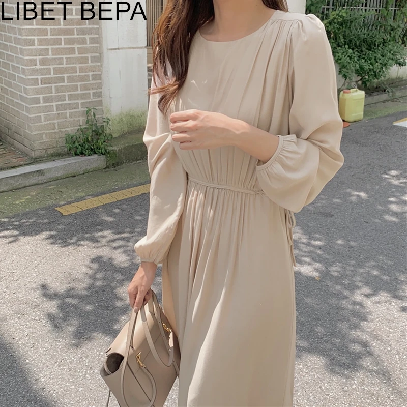 

2021 New Spring Autumn Women Dresses Lace Up High Waist Solid Oversize Korean Casual Elegant Vintage Ladies Midi Dresses DR3226