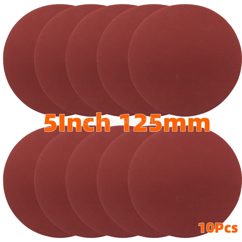 

10PCS 5 Inch 125MM Aluminum Oxide Dry Sandpaper Sanding Discs Hook Loop For Stone Round Red Disk Sand Sheets Disc Self Adhesive