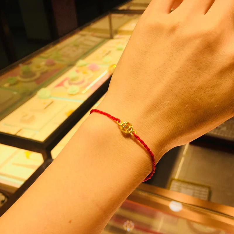 

Pure 24K Yellow Gold Bracelet 3D Coin O Link Chain Red String Bracelet