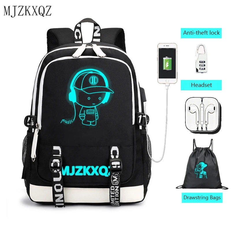 Рюкзак Mjzkxqz, модный Светящийся рюкзак с USB-разъемом для подключения наушников, школьные сумки, рюкзак для ноутбука, школьный рюкзак с аниме